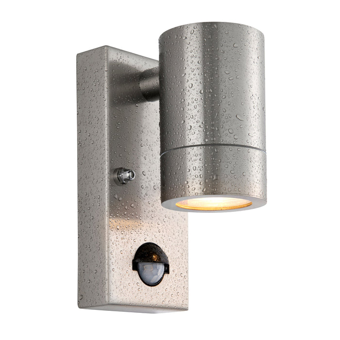 Saxby 101351 Palin PIR 1lt wall marine grade IP65 7W Brushed stainless steel & clear glass 7W LED GU10 (Required) - westbasedirect.com