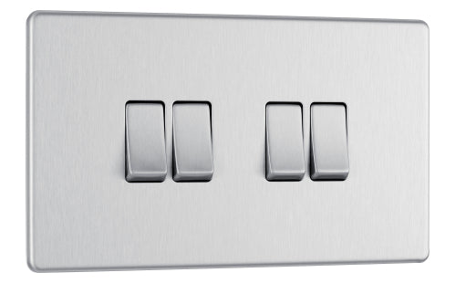 BG FBS44 Flatplate Screwless Quad Light Switch 10A - Brushed Steel - westbasedirect.com