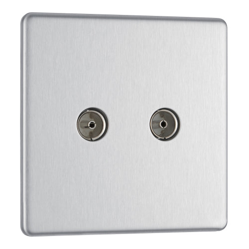 BG FBS61 Flatplate Screwless Double TV Aerial Socket - Grey Insert - Brushed Steel - westbasedirect.com