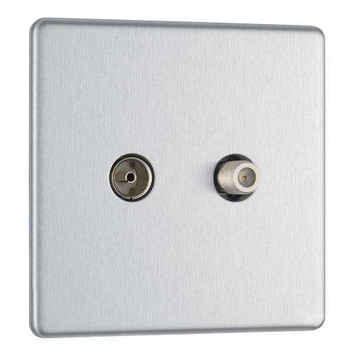 BG FBS65 Flatplate Screwless 2 Gang Satellite & Co-axial Socket - Brushed Steel - westbasedirect.com