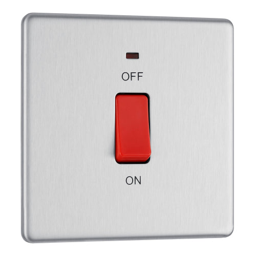 BG FBS74 Flatplate Screwless 45A DP Single Plate + Neon - Brushed Steel - westbasedirect.com