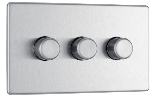 BG FBS83P Flatplate Screwless 2-Way Triple Leading Edge Dimmer Push On/Off - Brushed Steel - westbasedirect.com