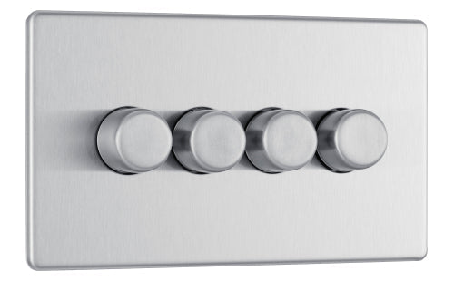 BG FBS84P Flatplate Screwless 2-Way Quad Leading Edge Dimmer Push On/Off - Brushed Steel - westbasedirect.com