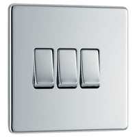 BG FPC43 Flatplate Screwless 20A 16AX 2 Way Triple Light Switch - Polished Chrome