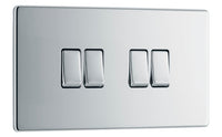 BG FPC44 Flatplate Screwless 20A 16AX 2 Way Quadruple Light Switch - Polished Chrome