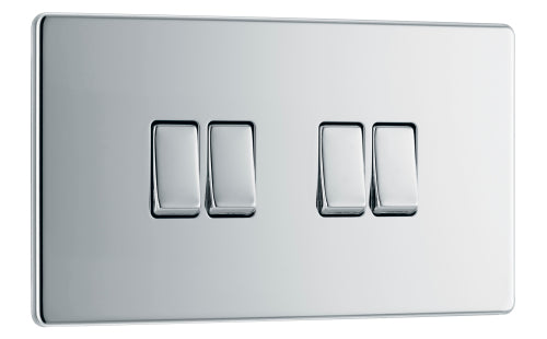 BG FPC44 Flatplate Screwless Quad Light Switch 10A - Polished Chrome - westbasedirect.com