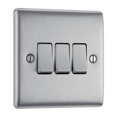 BG NBS43 Nexus Metal Triple Light Switch 10A - Brushed Steel - westbasedirect.com