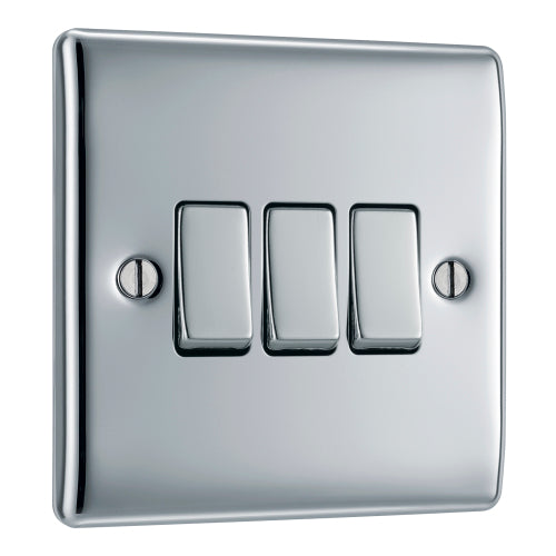 BG NPC43 Nexus Metal Triple Light Switch 10A - Polished Chrome - westbasedirect.com