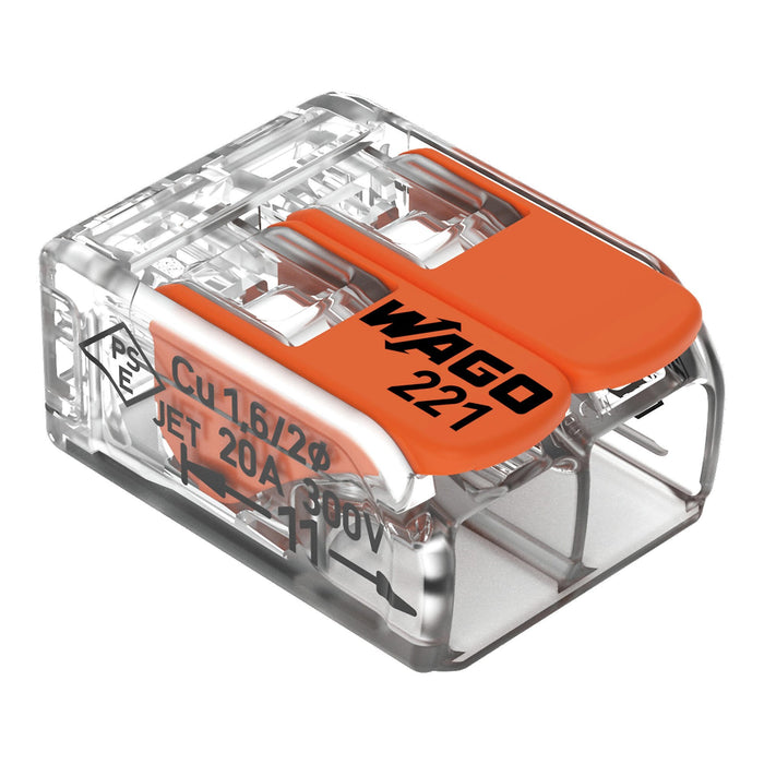 Wago 221-412 4mm² 2-Way Compact Splicing Connector - Transparent (100 Full Box) - westbasedirect.com