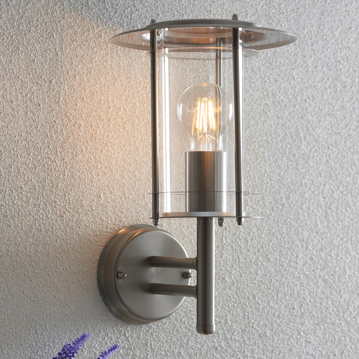 Saxby 4478182 York 1lt wall IP44 15W Polished stainless steel & clear pc 15W LED E27 (Required) - westbasedirect.com