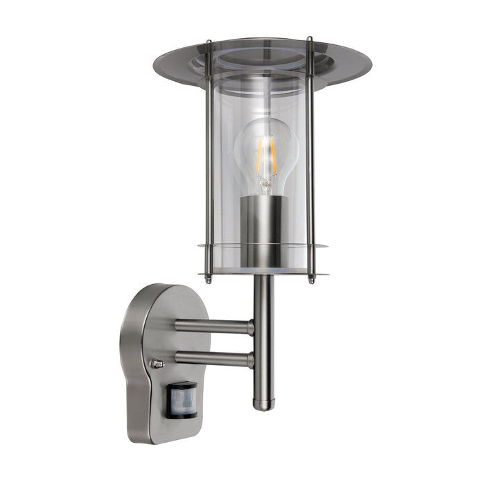Saxby 4479782 York PIR 1lt wall IP44 15W Polished stainless steel & clear pc 15W LED E27 (Required) - westbasedirect.com