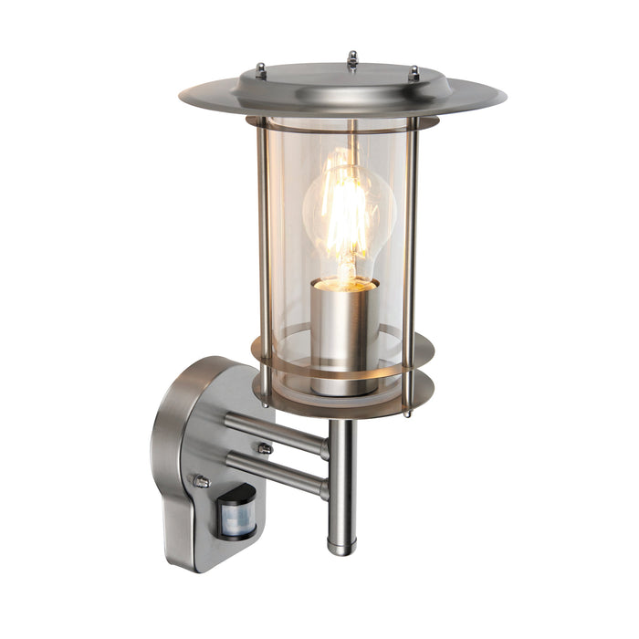 Saxby 4479782 York PIR 1lt wall IP44 15W Polished stainless steel & clear pc 15W LED E27 (Required) - westbasedirect.com