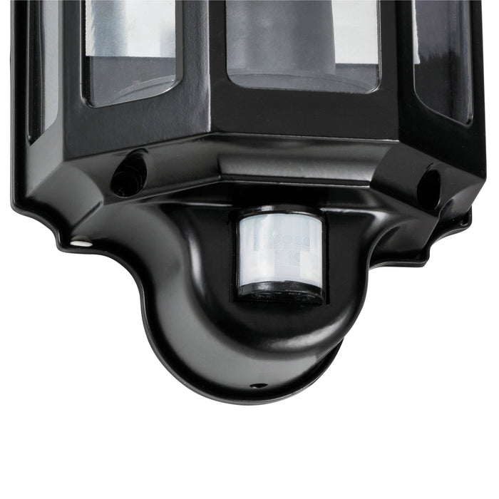 Saxby 1818PIR Traditional PIR half lantern IP44 15W Satin black paint & clear pc 15W LED E27 (Required) - westbasedirect.com