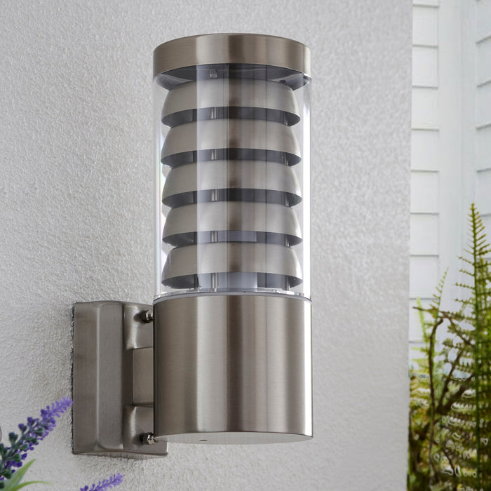 Saxby 13921 Tango 1lt wall IP44 8W Brushed stainless steel & clear pc 8W LED E27 Cool White (Required) - westbasedirect.com