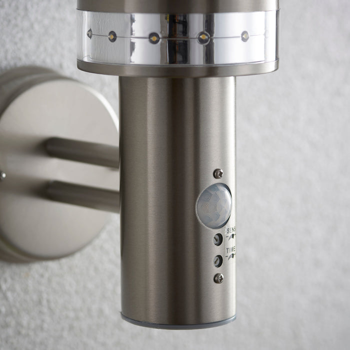 Saxby 13924 Pagoda PIR 1lt wall IP44 9.2W & 0.05W Brushed stainless steel & frosted pc 9.2W LED E27 & 12 x 0.05W LED (Capsule) Cool white (Required) - westbasedirect.com