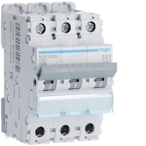 Hager NCN320A 20A Triple Pole C Curve 10kA MCB - westbasedirect.com