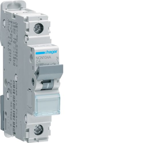 Hager NCN104A 4A Single Pole 1 Module C Curve 10kA/15kA MCB - westbasedirect.com
