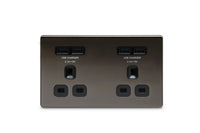BG FBN24U44B Flatplate Screwless Double Socket + 4x USB - Black Insert - Black Nickel