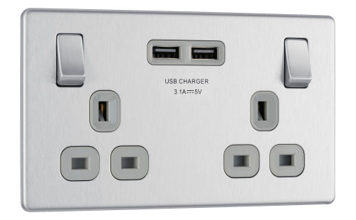 BG FBS22U3G Flatplate Screwless Double Socket + 2x USB - Grey Insert - Brushed Steel - westbasedirect.com