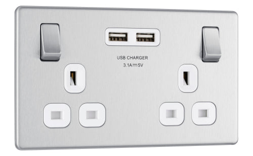 BG FBS22U3W Flatplate Screwless Double Socket + 2x USB - White Insert - Brushed Steel - westbasedirect.com