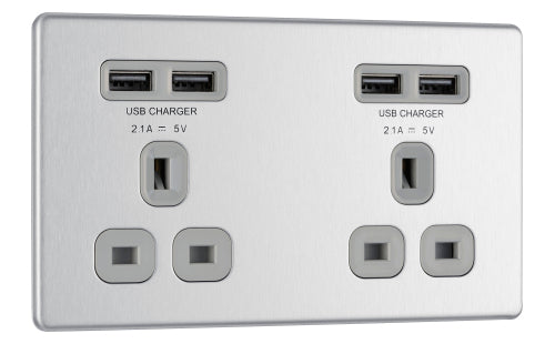 BG FBS24U44G Flatplate Screwless Double Socket + 4x USB - Grey Insert - Brushed Steel - westbasedirect.com
