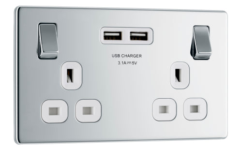 BG FPC22U3W Flatplate Screwless Double Socket + 2x USB - White Insert - Polished Chrome - westbasedirect.com