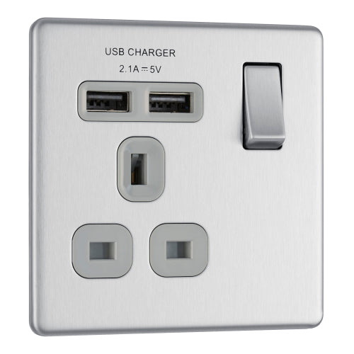 BG FBS21U2G Flatplate Screwless Single Socket + 2x USB - Grey Insert - Brushed Steel - westbasedirect.com