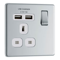 BG FPC21UW Flatplate Screwless Single Socket + 2x USB - White Insert - Polished Chrome