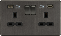 Knightsbridge SFR9224SB Screwless 13A 2G Switched Socket + 2xUSB 2.4A - Smoked Bronze