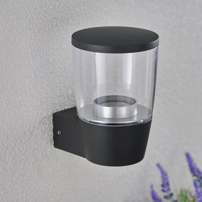 Saxby 67697 Canillo wall IP44 4.6W Textured dark matt anthracite paint & clear pc 4.6W LED GU10 Cool White (Required) - westbasedirect.com