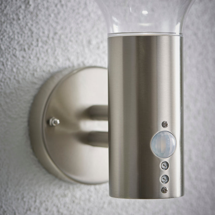 Saxby 67702 Roko PIR 1lt wall IP44 4.6W Marine grade brushed stainless steel & clear pc 4.6W LED GU10 Cool White (Required) - westbasedirect.com