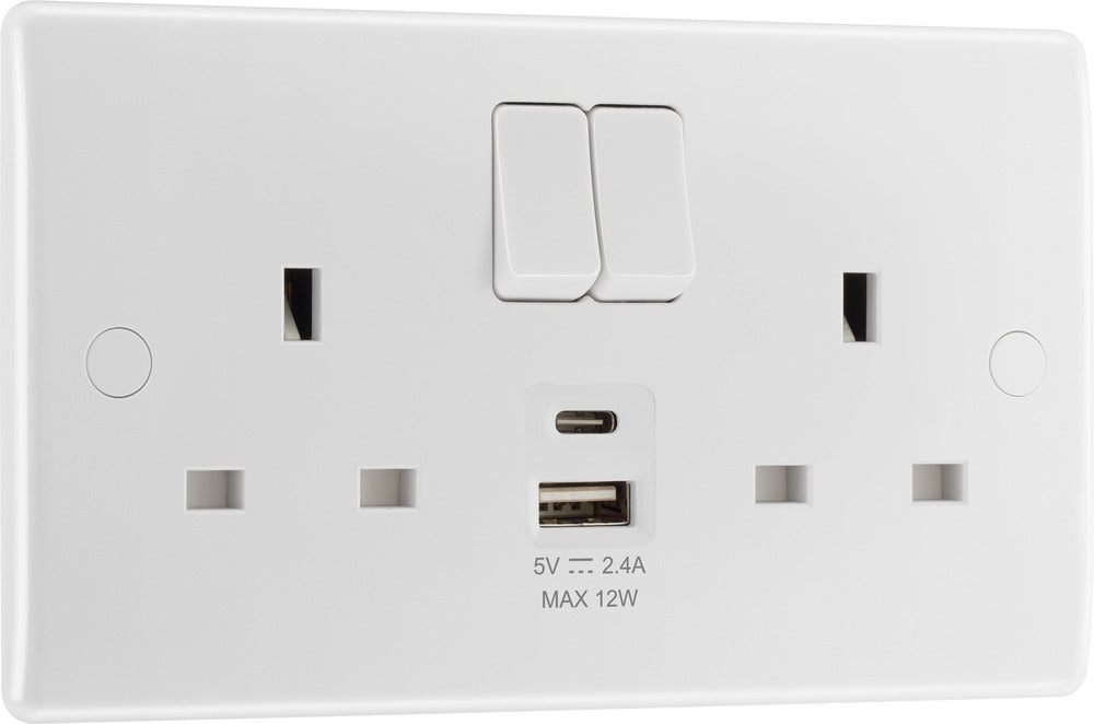BG 822UAC12 White Round Edge 13A Double Switched Power Socket + USB A+C (12W) - westbasedirect.com
