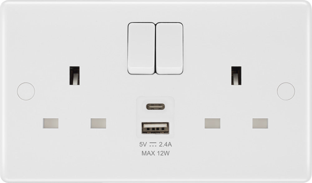 BG 822UAC12 White Round Edge 13A Double Switched Power Socket + USB A+C (12W) - westbasedirect.com