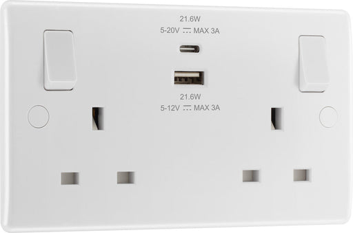 BG 822UAC22 White Round Edge 13A Double Switched Power Socket + USB A+C (22W) - westbasedirect.com