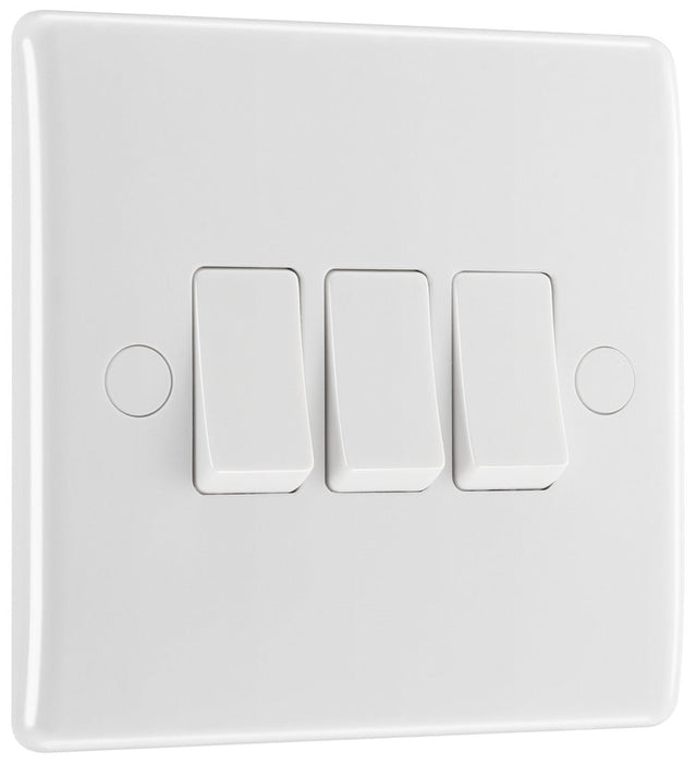 BG 843 White Round Edge Triple Light Switch 10A - westbasedirect.com