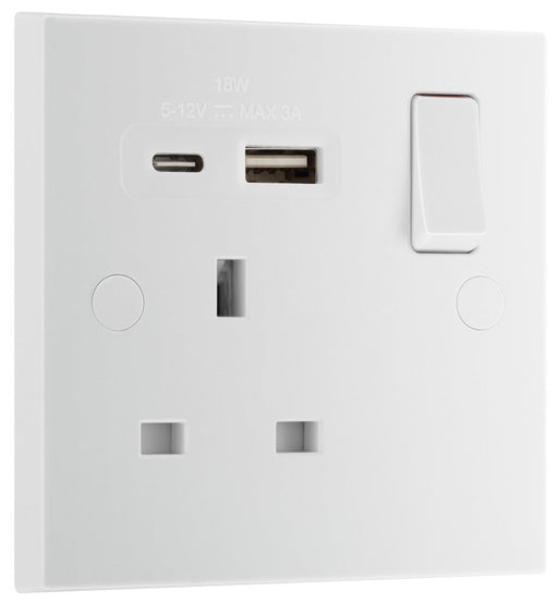 BG 921UAC18 White Square Edge 13A Single Switched Power Socket + USB A+C (18W) - westbasedirect.com