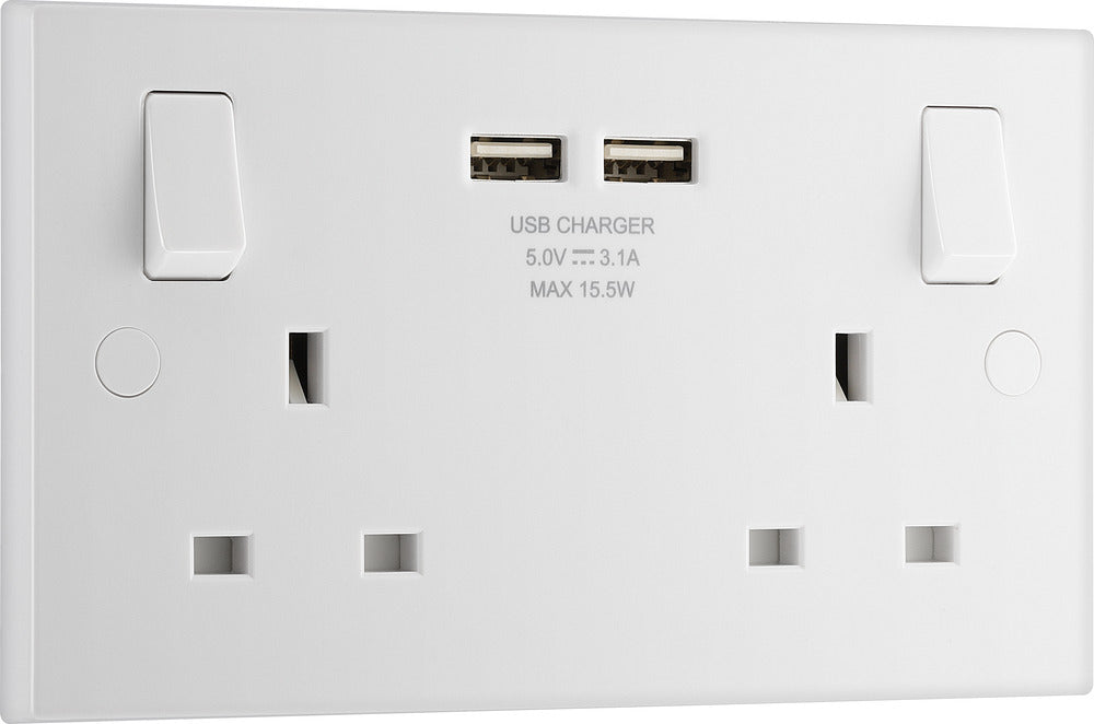 BG 922U3 White Square Edge 13A Double Socket + 2x USB - westbasedirect.com