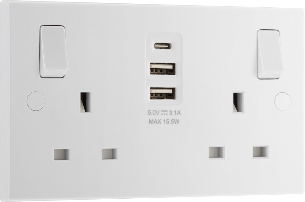 BG 922UAAC15 White Square Edge 13A Double Socket + 2xUSB A +1xUSB C(15W) - westbasedirect.com