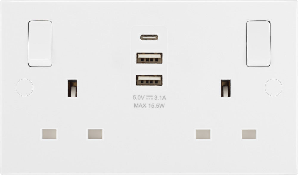 BG 922UAAC15 White Square Edge 13A Double Socket + 2xUSB A +1xUSB C(15W) - westbasedirect.com