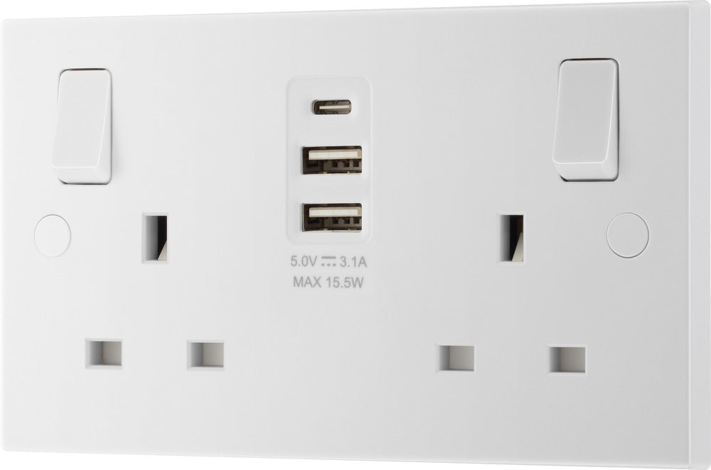 BG 922UAAC15 White Square Edge 13A Double Socket + 2xUSB A +1xUSB C(15W) - westbasedirect.com