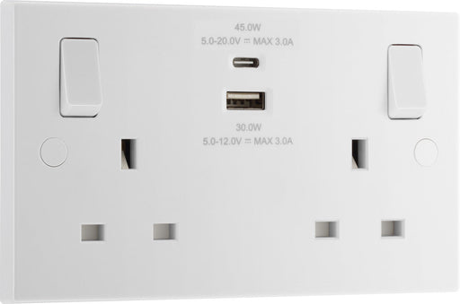 BG 922UAC45 White Square Edge 13A Double Switched Power Socket + USB A+C (45W) - westbasedirect.com