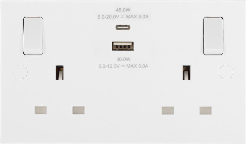 BG 922UAC45 White Square Edge 13A Double Switched Power Socket + USB A+C (45W) - westbasedirect.com