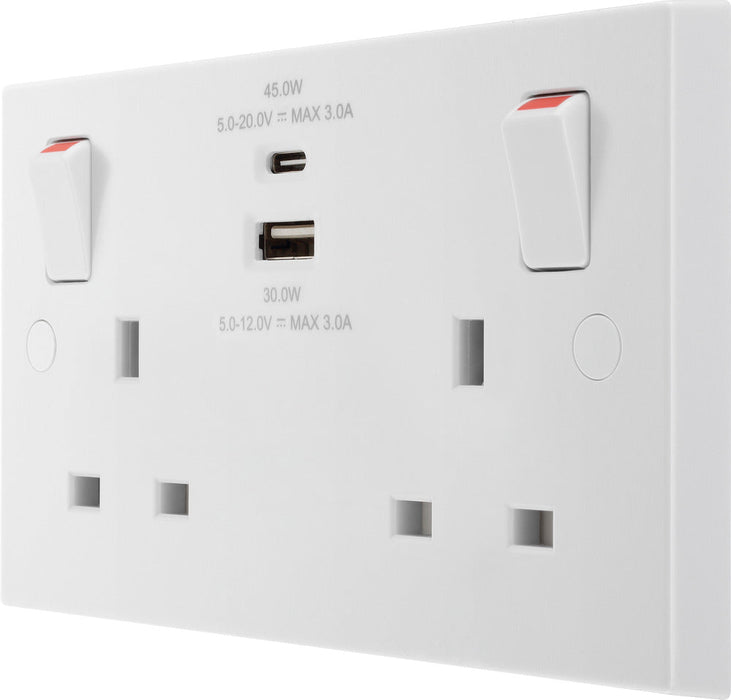 BG 922UAC45 White Square Edge 13A Double Switched Power Socket + USB A+C (45W) - westbasedirect.com