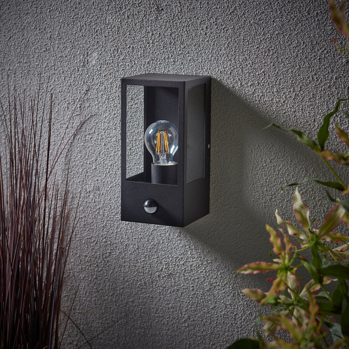 Saxby 94348 Breton PIR wall Black IP44 28W Matt black paint & clear glass 28W E27 Eco GLS (Required) - westbasedirect.com