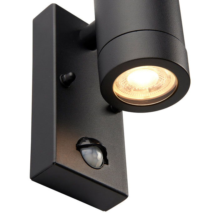 Saxby 97822 Odyssey PIR 2lt wall IP44 7W Satin black paint & clear glass 2 x 7W LED GU10 (Required) - westbasedirect.com