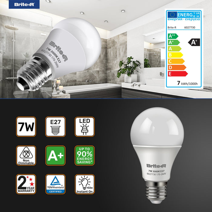 Brite-R 7W E27 ES GLS LED Bulb Warm White 3000K - westbasedirect.com