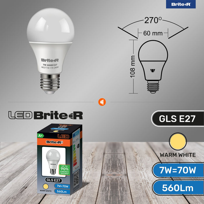 Brite-R 7W E27 ES GLS LED Bulb Warm White 3000K - westbasedirect.com