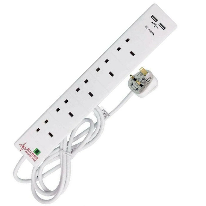 Brite-R B0502ESG2U 5 Gang 2 Metre 13A Mains Power Surge Protection Extension Lead with 2x USB Port 2.1A, Matt White - westbasedirect.com