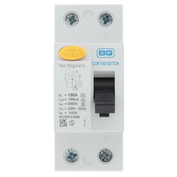 BG CUR100100TDA 100A Double Pole 2 Module 100mA Type A RCD Time Delayed - westbasedirect.com