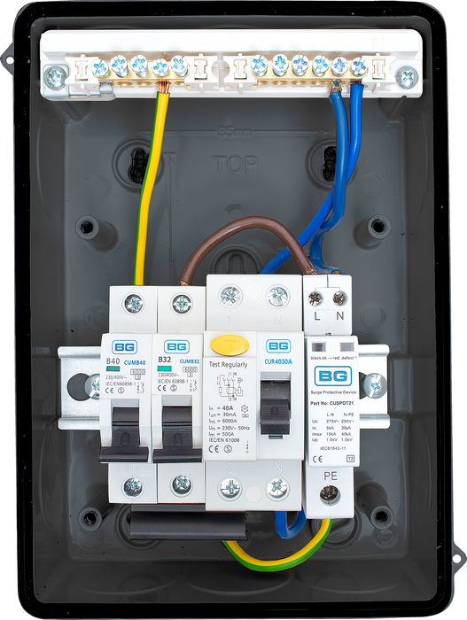 BG CFEV1RDA IP65 Weatherproof Metal EV Charger Circuit Protection with 40A Type A DP RCBO, 100A Main Switch & Type 2 SPD - westbasedirect.com